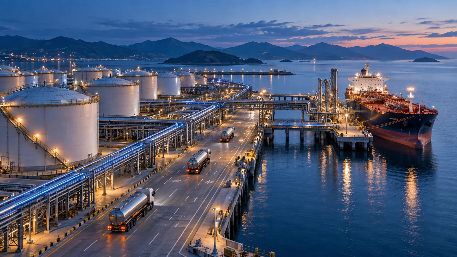 Coastal petroleum terminal with tanks, trucks and a vessel at berth