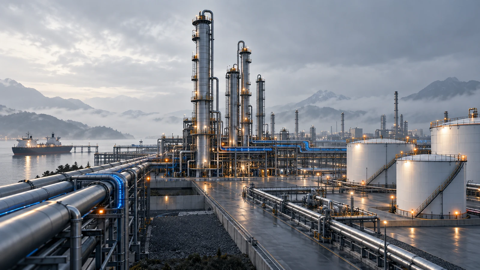 Modern refinery distillation columns connected by blue process lines