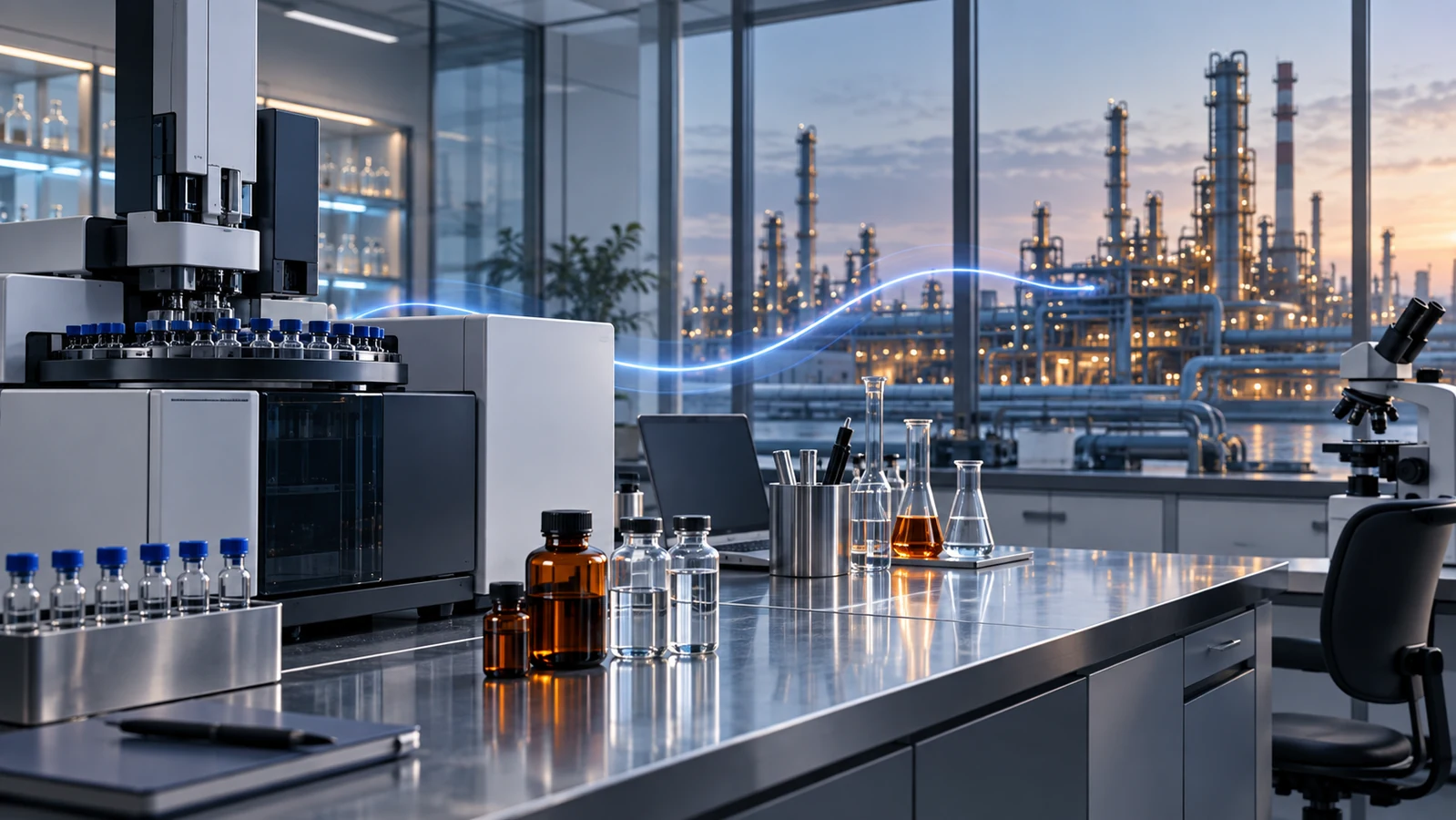 Analytical laboratory overlooking a modern refinery